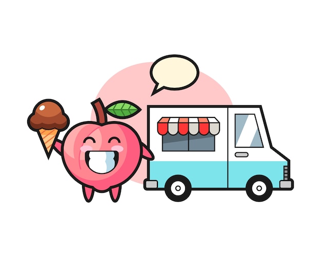 桃のアイスクリームトラック、かわいいスタイルのデザインのtシャツのマスコット漫画
