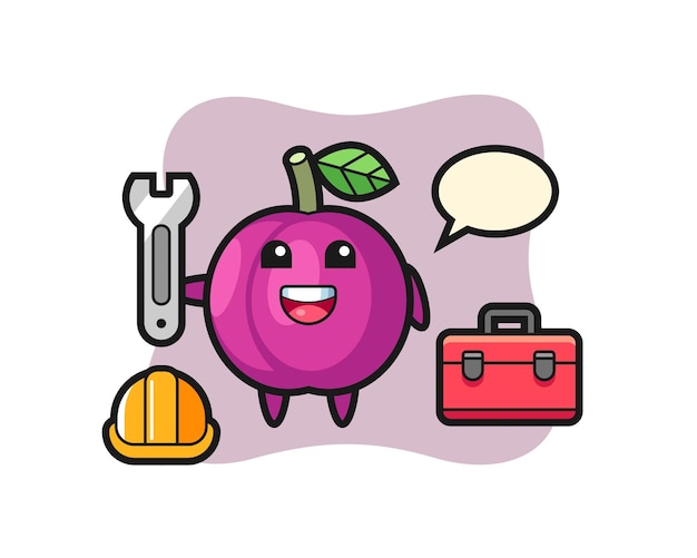 Mascot cartoon of plum fruit as a mechanic