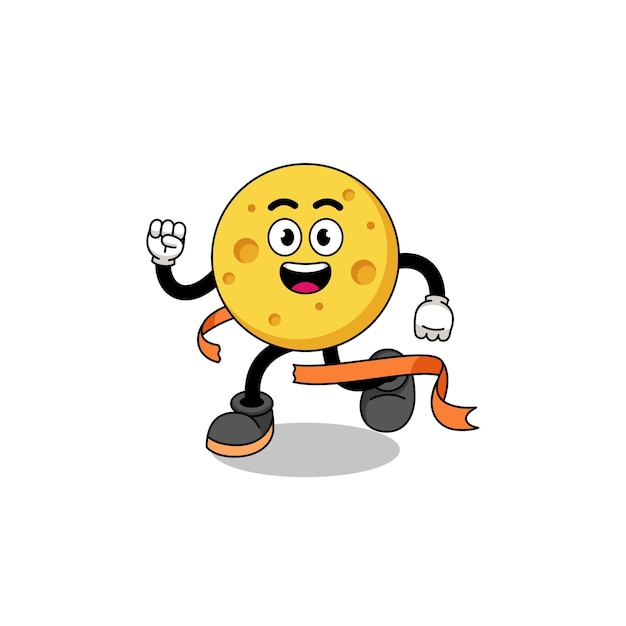 Mascot cartoon of round cheese running on finish line