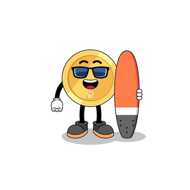Mascot cartoon of russian ruble as a surfer