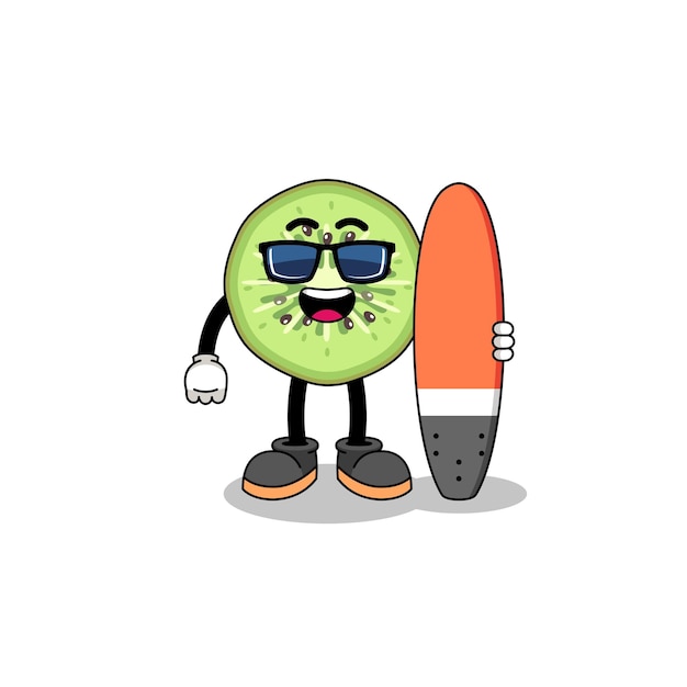 Mascot cartoon of sliced kiwifruit as a surfer