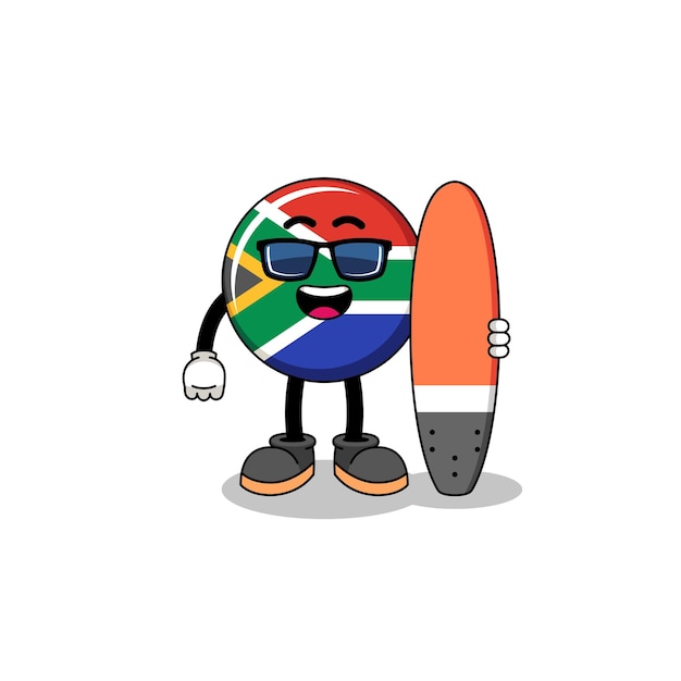 サーファーとしての南アフリカ共和国の旗のマスコット漫画