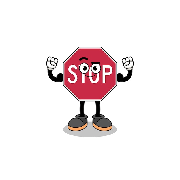 Vector mascot cartoon of stop road sign posing with muscle