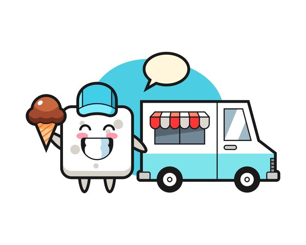 Mascotte del cubo di zucchero con camion di gelato, stile carino per t-shirt, adesivo, elemento logo