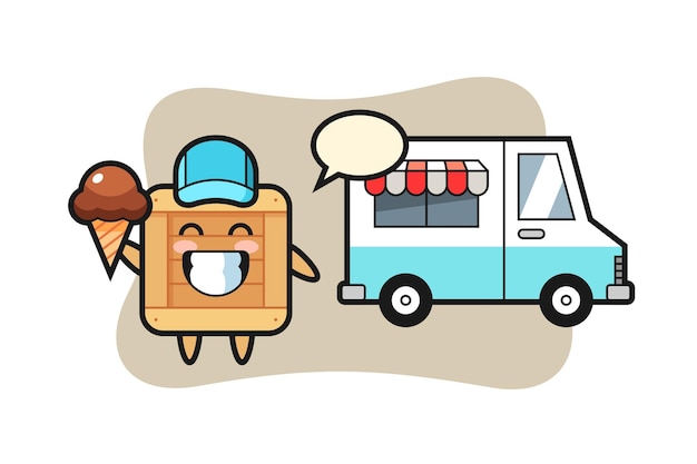 Mascot cartoon of wooden box with ice cream truck