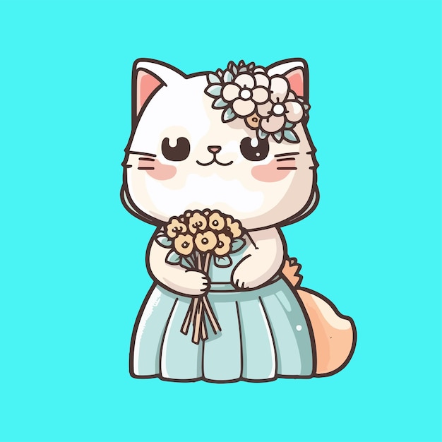 아름다운 꽃을 들고 결혼식을 위해 웨딩 드레스를 입은 고양이의 마스코트 플랫 만화
