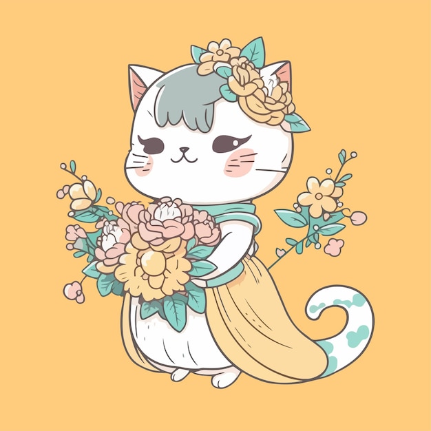 Mascotte per un gatto che indossa un abito da sposa per un matrimonio che porta bellissimi fiori cartone animato piatto