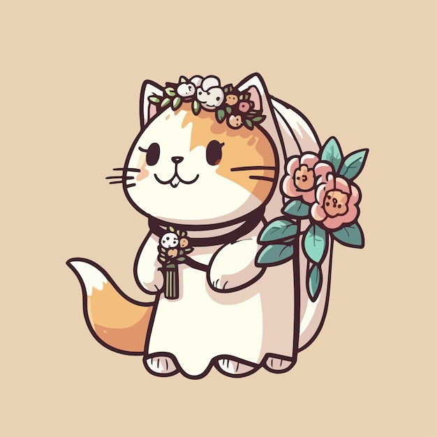 Mascot for a cat wearing a wedding dress for a wedding carrying beautiful flowers Flat cartoon