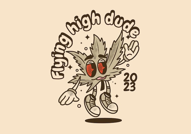 Mascot character of cannabis leaf with red eyes and stoned face