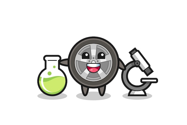 科学者としての車のホイールのマスコットキャラクター