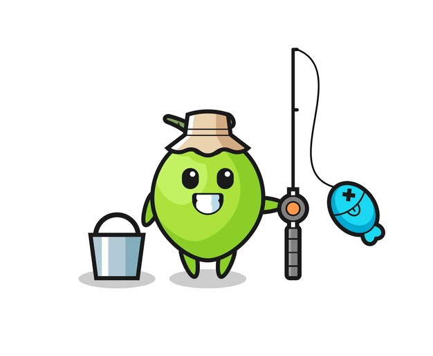 Mascot character of coconut as a fisherman  cute style design for t shirt sticker logo element