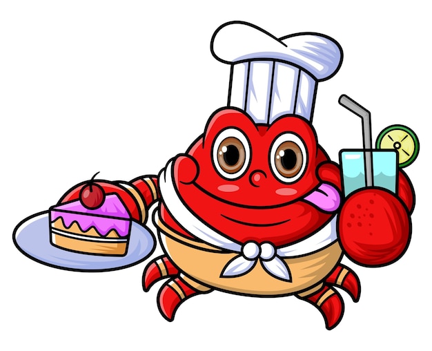 The mascot character of a cute crab works as a professional chef was carrying a plate of cakes and fresh drinks