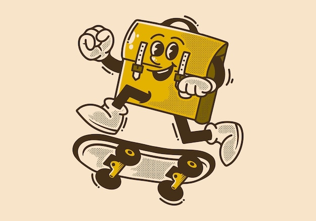 스케이트보드 위에서 점프하는 사무실 가방의 마스코트 캐릭터 디자인