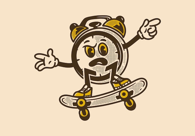 스케이트보드 위에서 점프하는 탁상시계의 마스코트 캐릭터