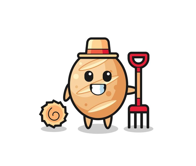 Personaggio mascotte del pane francese come contadino, design carino