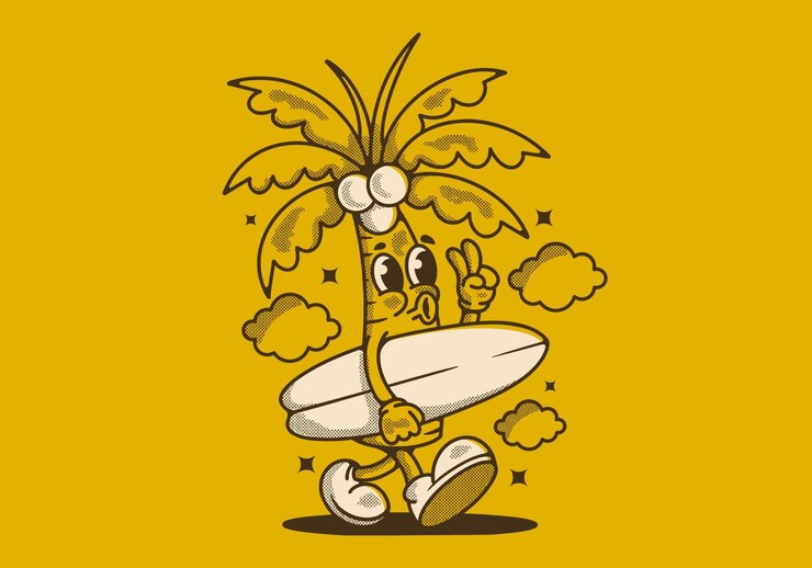 Vector mascot character illustration of coconut tree holding a surfing board