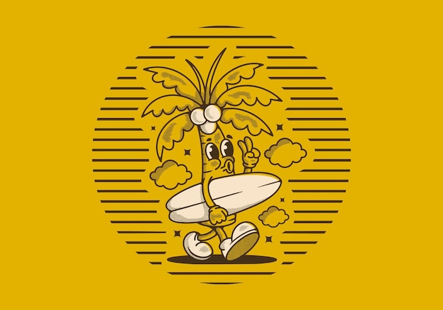 サーフィンボードを握っているココナッツの木のマスコットキャラクターイラスト