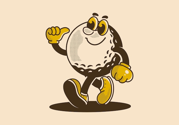 Mascot character illustration of walking golf ball design in vintage style