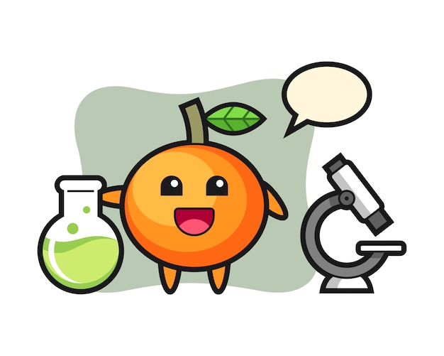 科学者、かわいいスタイル、ステッカー、ロゴ要素としてのマンダリンオレンジのマスコットキャラクター