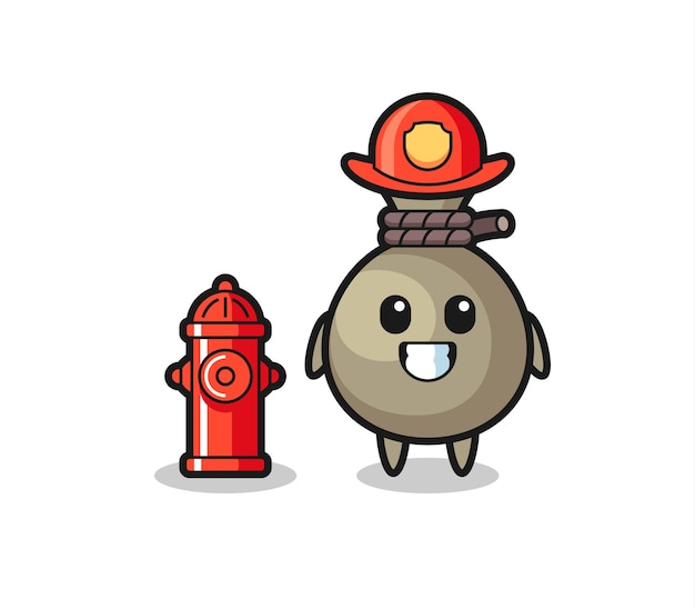 Mascot character of money sack as a firefighter
