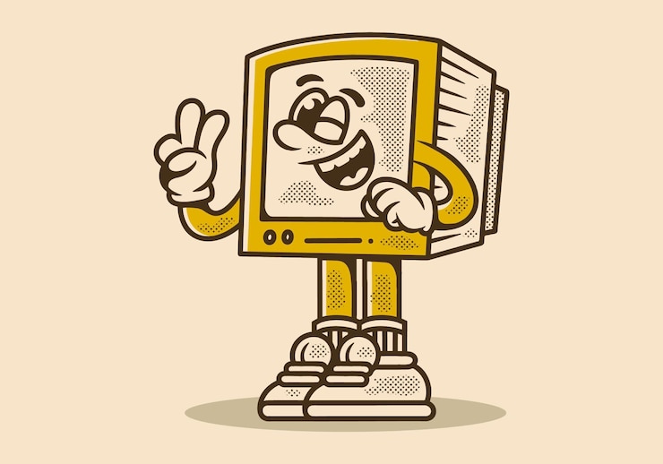 Vector mascot character of old monitor standing with hand forming a peace symbol vintage color