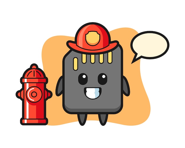 Personaggio mascotte della scheda sd come pompiere, design in stile carino per maglietta