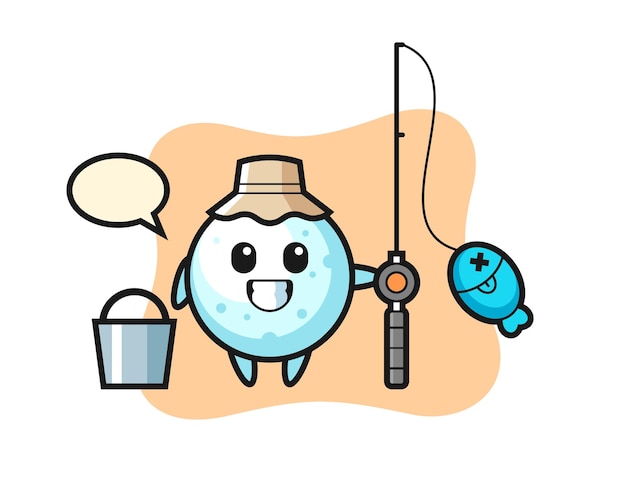 Mascot character of snow ball as a fisherman