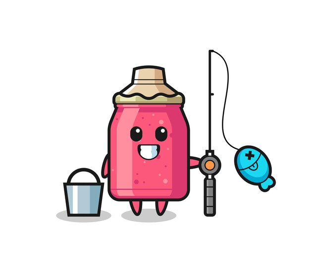 Mascot character of strawberry jam as a fisherman , cute design