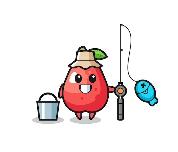 Mascot character of water apple as a fisherman