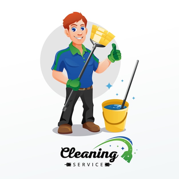 Mascot cleaning service man with cleaning tools cartoon illustration