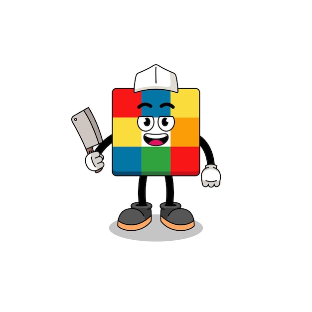 Mascot of cube puzzle as a butcher character design