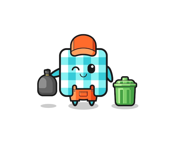 The mascot of cute checkered tablecloth as garbage collector