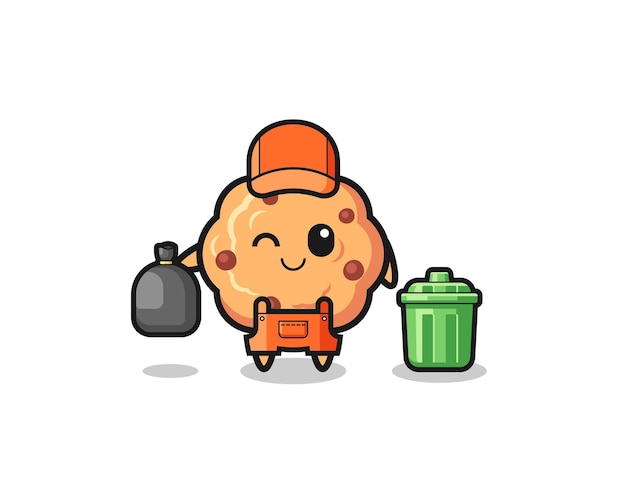 The mascot of cute chocolate chip cookie as garbage collector cute design