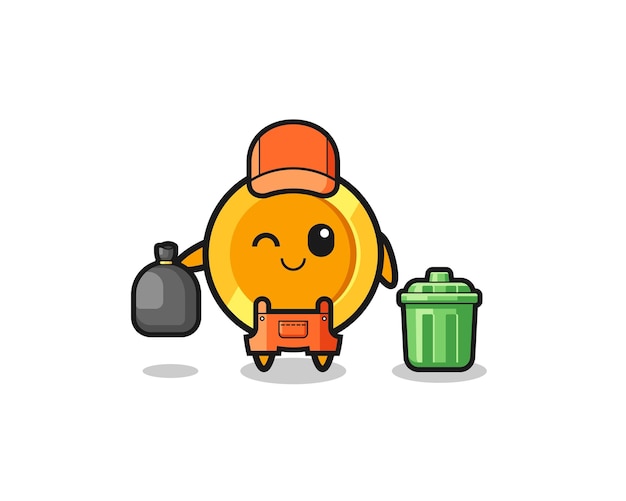 The mascot of cute dollar coin as garbage collector cute design