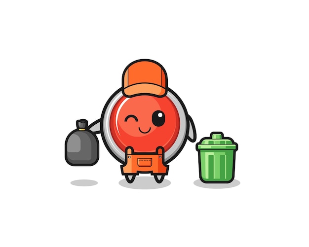 the mascot of cute emergency panic button as garbage collector
