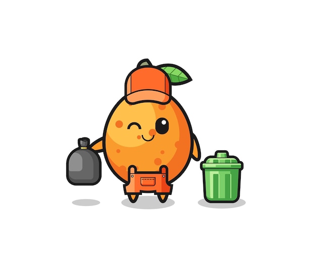 The mascot of cute kumquat as garbage collector cute design