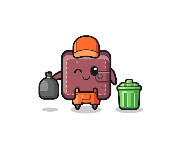 The mascot of cute leather wallet as garbage collector