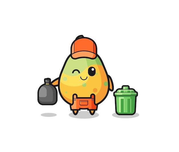 The mascot of cute papaya as garbage collector