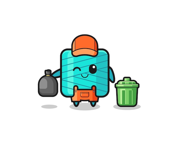 Vector the mascot of cute yarn spool as garbage collector