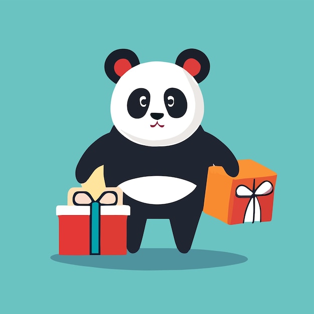 Вектор Дизайн талисмана для панды с милой подарочной коробкой плоский мультяшный дизайн в зверином стиле