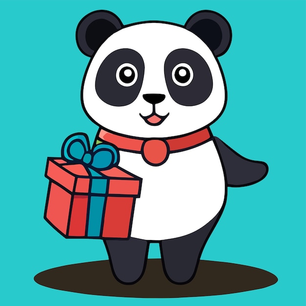 Mascot design for a panda carrying a cute gift box Flat cartoon design in animal style