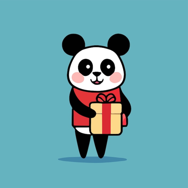 Mascot design for a panda carrying a cute gift box Flat cartoon design in animal style