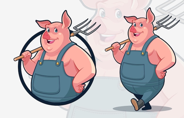 Mascot design of a pig farmer carrying pitchfork on shoulder