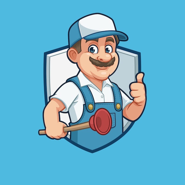mascot design of a plumber carrying a plunger