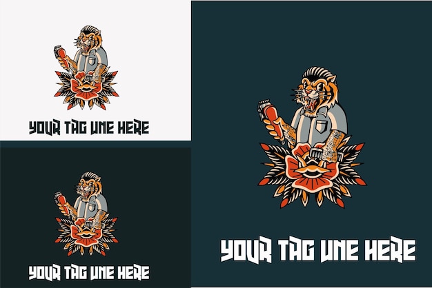 Mascot design of tiger and flower barber shop vector