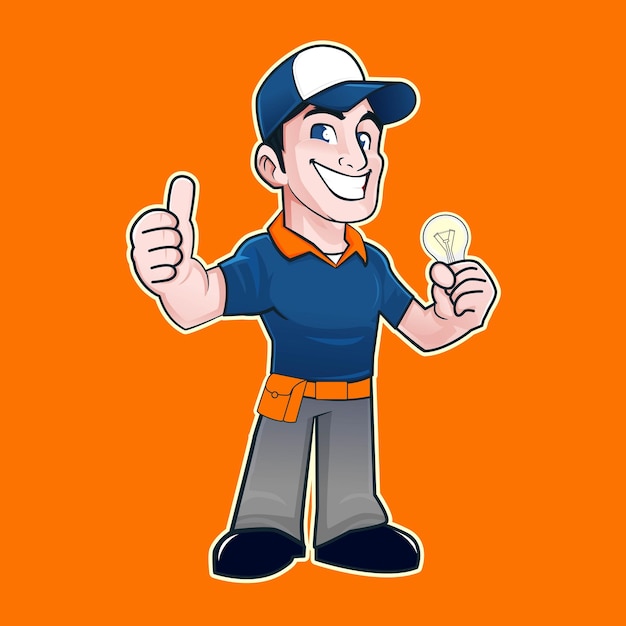 The mascot of an electrician wearing a blueorange polo shirt