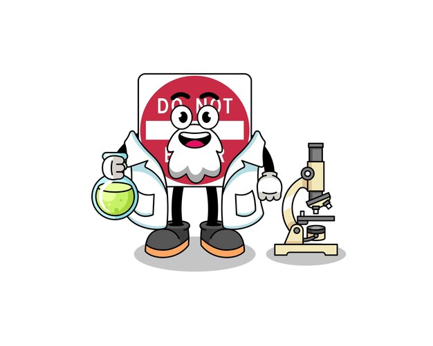 Mascot of do not enter road sign as a scientist