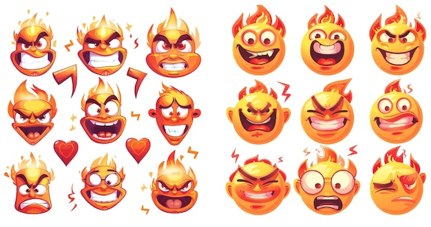 Mascot faces for old animation characters funny face with fire heart and star shaped eyes vector set