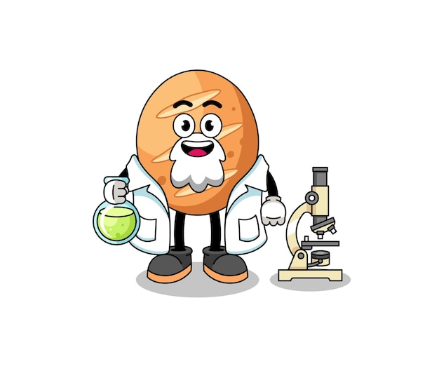 Mascot of french bread as a scientist