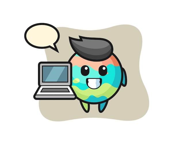 Mascot illustration of bath bomb with a laptop, cute style design for t shirt, sticker, logo element